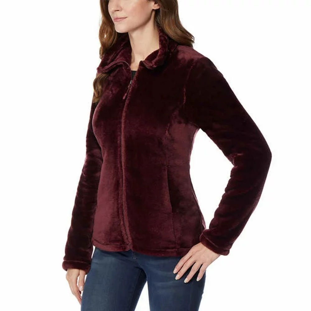 32 Degrees Heat Plush Velvet Fleece Zip Jacket Wine Red Cozy Small